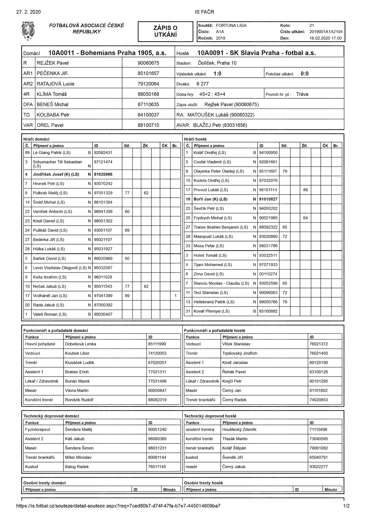 2020-02-16 Bohemians - Slavia 1-2